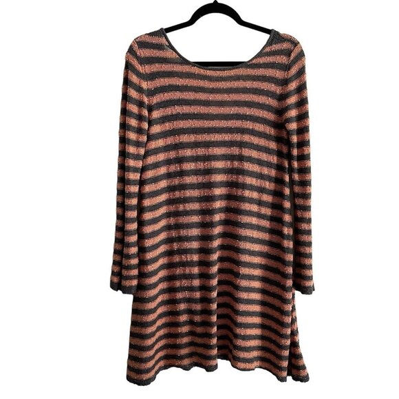 Free People XS Peach Gray Oversized Counting Stripes Swing Tunic Sweater Dress - Picture 2 of 11